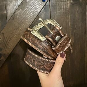 New Brown Tooled Leather Belt with Silver Buckle